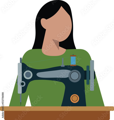 Woman Sewing on a Sewing Machine in a Vector Illustration