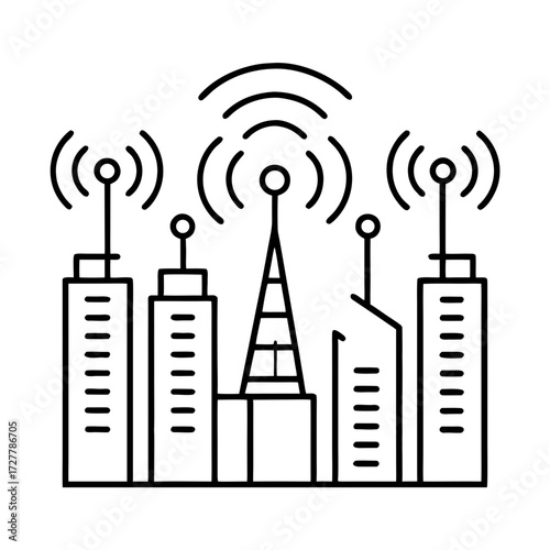 Wireless communication towers with signal waves in urban landscape  
