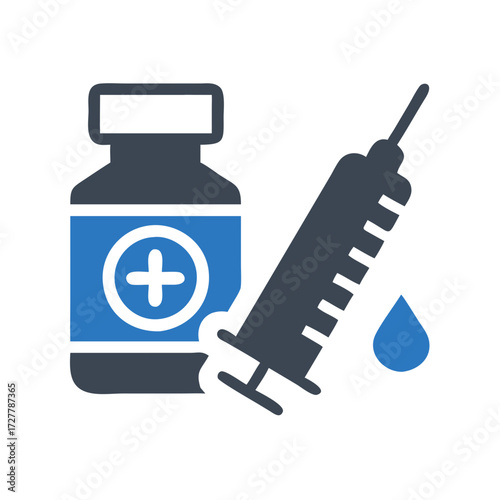 Vaccine bottle and syringe with drop of liquid on white background  