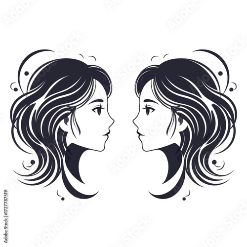 Stylized woman profile illustration with flowing hair on light background for decor