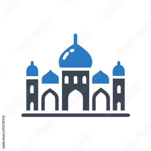 Blue and gray illustration of an Indian palace with domed roofs  