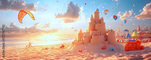 Vibrant beach scene with a grand sandcastle, kites, and umbrellas at golden hour