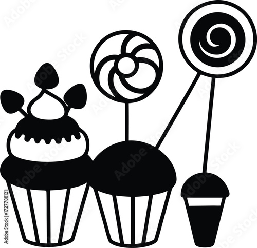 whimsical candy land with cupcakes and lollipops illustration on transparent background