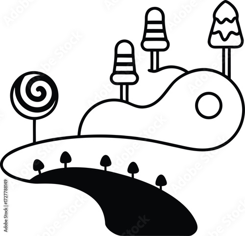 whimsical candy land with chocolate rivers illustration on transparent background