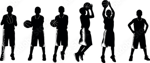 Basketball player silhouette vector set showing dynamic poses, jump shots, dribbling, and athletic movement for sports-themed design content.