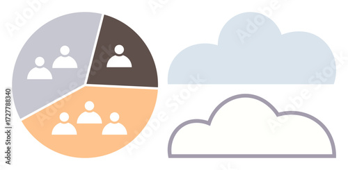 Pie chart displaying team segmentation by sections next to two cloud graphics. Ideal for teamwork, data analysis, collaboration, connectivity, cloud computing, innovation, digital transformation. A