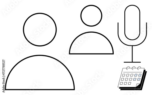 Minimalist outline of people, microphone, and calendar. Ideal for teamwork, communication, planning, scheduling, podcasting remote work time management. Simple flat metaphor