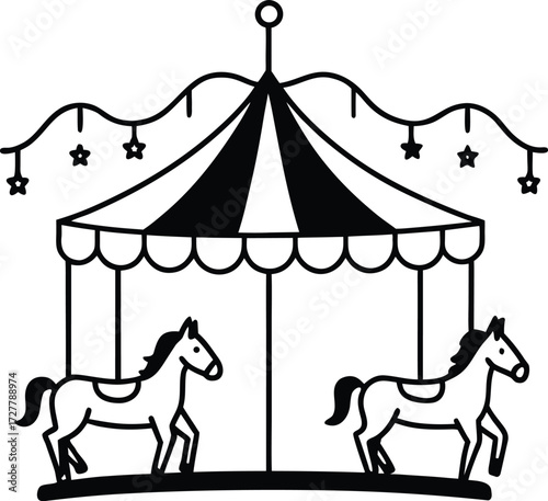 whimsical carousel with patterned horses illustration on transparent background