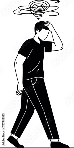 Confused Man Walking with Swirling Head Symbolizing Stress, Anxiety, Mental Fatigue, Depression, Emotional Turmoil, Decision Pressure, and Psychological Overload
