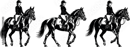 Equestrian rider on horseback wearing helmet and uniform performing dressage movements in professional horse riding competition vector illustration