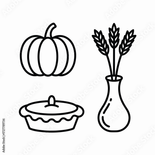 Thanksgiving Silhouette Bundle Hot Apple Cider Mug Coffee Cup Wine Glass Maple Leaf Acorn Wheat Stalk Sunflower Black Vector Icons on White Background