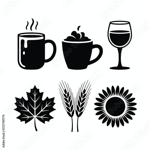 Thanksgiving Silhouette Bundle Hot Apple Cider Mug Coffee Cup Wine Glass Maple Leaf Acorn Wheat Stalk Sunflower Black Vector Icons on White Background