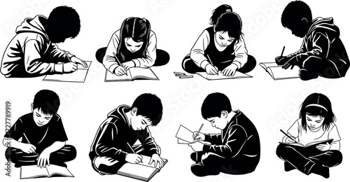 Group of children drawing and writing in classroom setting, educational activity, creative kids learning, black and white vector illustration