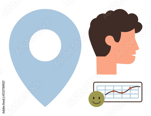Location pin, human profile, progress chart with line graph and positive emoticon. Ideal for navigation, analytics, user experience, behavioral data, success tracking personal growth. Simple flat