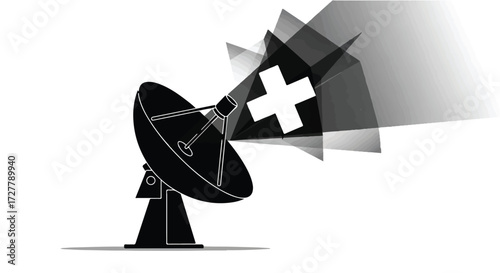 Satellite dish broadcasting a white cross symbol, symbolizing communication or transmission of information.