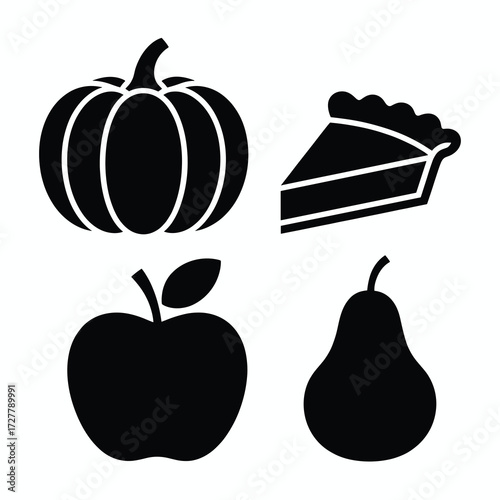 Thanksgiving Silhouette Bundle Pumpkin Slice Pie Apple Pear Modern Black Vector 