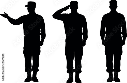 Military Silhouettes Showing Salute, Attention, and Instruction Gestures – Army Discipline, Protocol, Uniformed Postures for Training and Defense Concepts