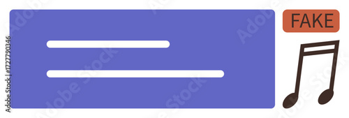 Purple banner with lines, FAKE label in red rectangle, and musical notes icon. Ideal for fake media caution, misinformation, audio verification, online security, digital platforms, media literacy