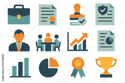 Corporate Icons Collection. Work step ladder set of icons in abstract flat : briefcase, contract paper, approval stamp, policy document, supervisor