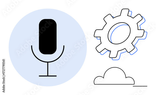 Microphone with circular backdrop, gear representing settings, and cloud symbolizing connectivity. Ideal for AI, voice assistant, innovation, technology, automation, cloud computing and simplicity