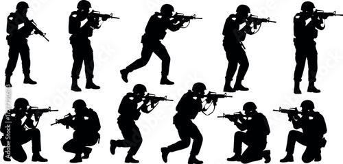 Military soldier silhouettes in tactical combat poses with rifles, showcasing warfare stances, battlefield movement, and armed forces training illustration.