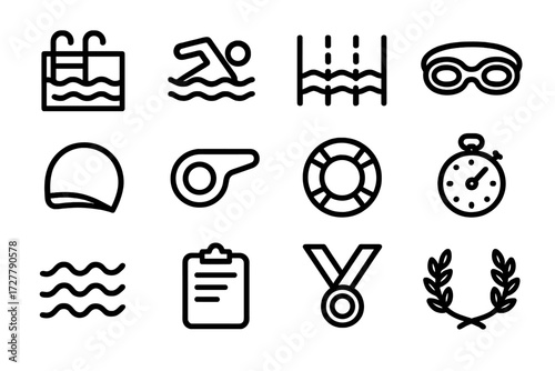 Swimming Icon Set. Swimming lap counter icons in outline style: swimming pool, swimmer icon, water lane, goggles, swim cap, whistle, lifebuoy,