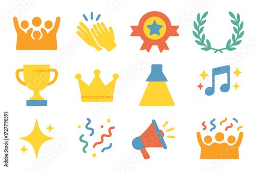 Vibrant Victory Celebration. Basic cheering crowd in modern flat vector : group silhouettes, raised hands, clapping hands, star emblem, ribbon badge,
