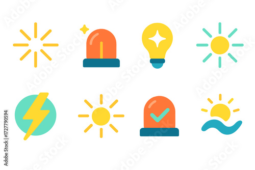 Vibrant Light Symbols. Symbols in modern flat vector : light beam burst, strobe with sparkles, light with star, flashing rays, lightning bolt with