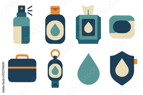 Portable Hygiene Essentials. Portable disinfectant set set of icons in abstract flat : travel spray, sanitizer pocket bottle, hand wipes pack, mini