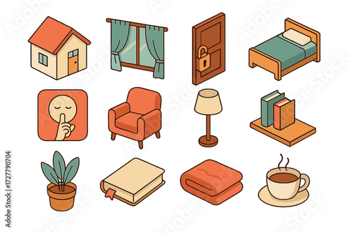 Home Privacy Icons. Home privacy set icons in modern isometric flat : house, window with curtains, door with lock, bed, quiet room, armchair, lamp,