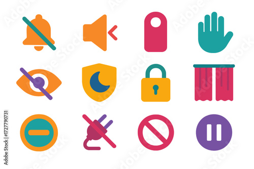 Modern Silence Icons. Do not disturb symbols in modern flat vector : mute bell, crossed-out speaker, do not disturb sign, stop hand, eye closed,