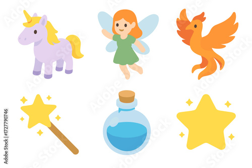 Isometric Mythical Icons. Mythical icons set icons in modern isometric flat : unicorn, fairy, phoenix, magic wand, potion bottle, glowing star
