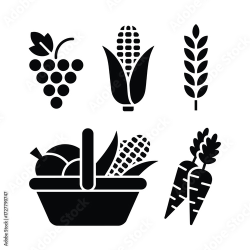 Thanksgiving Silhouette Collection Grapes Corn Wheat Basket Carrot Modern Black Icons 