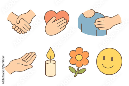 Isometric Care Icons. Care gestures set icons in modern isometric flat : helping hand, hand over heart, pat on shoulder, guiding hand, listening ear,