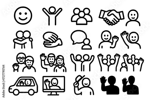 People Interaction Icons. People interactions icons in outline style: smiling face, happy figure, group avatars, handshake, hug, supportive hand,