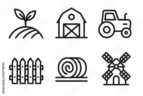 Countryside Icon Set. Countryside icons icons in outline style: field sprout, barn, tractor, fence, hay bale, windmill
