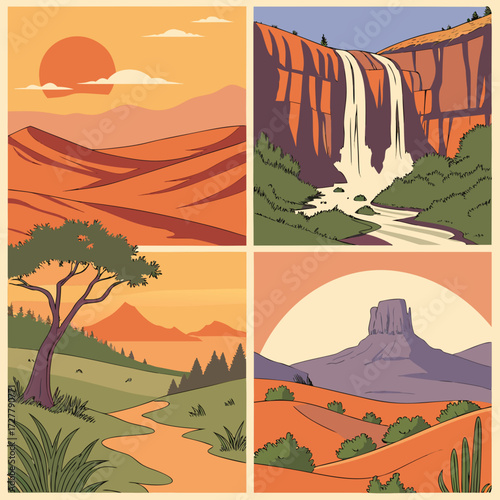 Four diverse landscape illustrations in a retro style