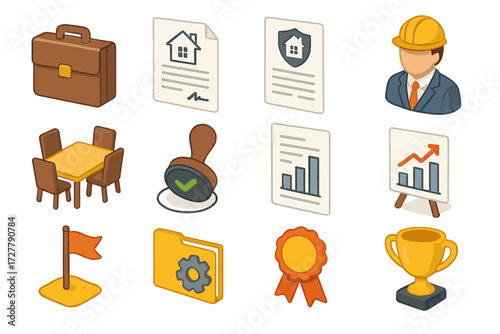 Business Icon Set. Business housing market set icons in modern isometric flat : briefcase, contract paper, policy document, supervisor figure, meeting