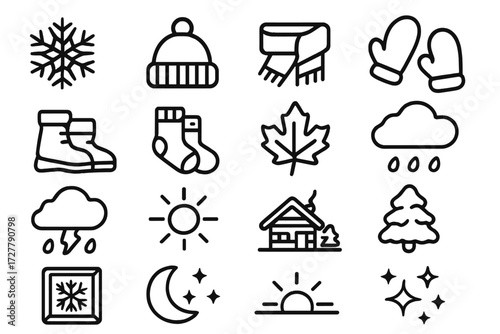 Seasonal Icon Collection. Seasonal use icons in outline style: snowflake, winter hat, scarf, mittens, boots, wool socks, autumn leaf, rainy cloud,