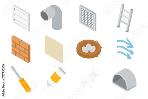 Dryer Vent Icon Set. Outdoor dryer vent set icons in modern isometric flat : wall vent cover, exhaust pipe, mesh screen, ladder, brick wall, siding,