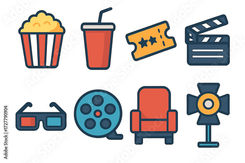 Cinema Night Icons. Cinema night icons in modern flat vector : popcorn bucket, soda cup, movie ticket, clapperboard, 3D glasses, film reel, cinema