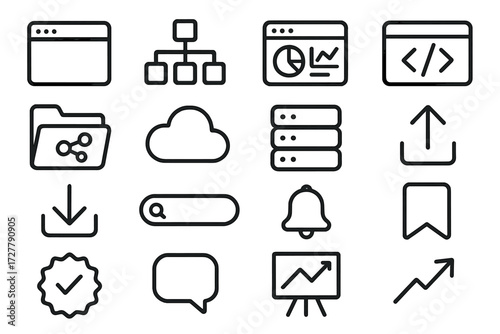 Digital Icon Collection. Digital context icons in outline style: browser window, sitemap, dashboard, code editor, shared folder, cloud storage,