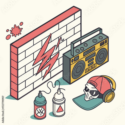 Graffiti art elements with boombox and skull cap