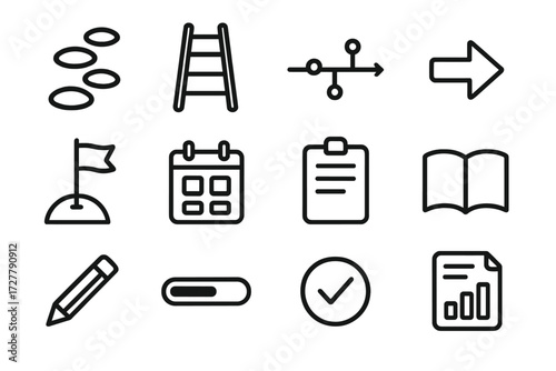 Wizard Path Icons. Step-by-step wizard icons in outline style: path stones, ladder steps, timeline chart, arrow forward, milestone flag, calendar,