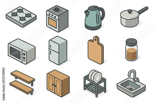 Modern Kitchen Icons. Kitchen setup set icons in modern isometric flat : stove burners, oven, kettle, saucepan, microwave, refrigerator, cutting board