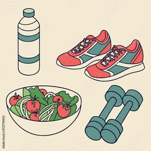 Healthy lifestyle icons featuring running shoes salad dumbbells and water bottle