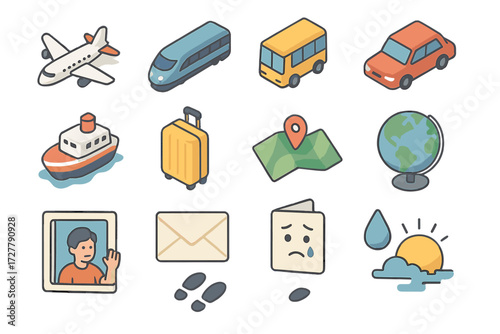 Farewell Travel Icons. Farewell set icons in modern isometric flat : airplane, train, bus, car, boat, luggage, map, globe, postcard, letter, goodbye