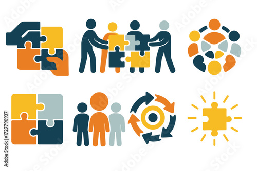 Unity in Puzzle Icons. Teamwork puzzle set set of icons in abstract flat : hands holding piece, group assembling puzzle, connected network, unity