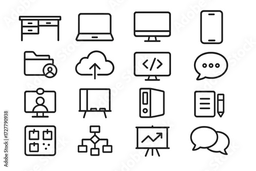 Office Icons Collection. Work context icons in outline style: office desk, laptop, desktop monitor, mobile screen, shared folder, cloud storage, code