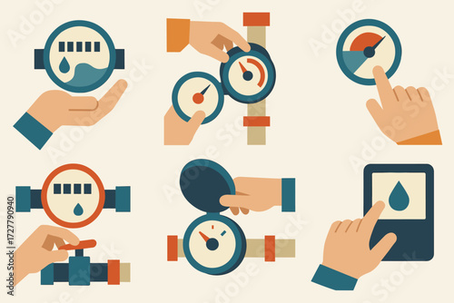 Hand Gestures. Gestures set of icons in abstract flat : hand holding water meter, hand installing meter, hand reading dial, hand pointing at numbers